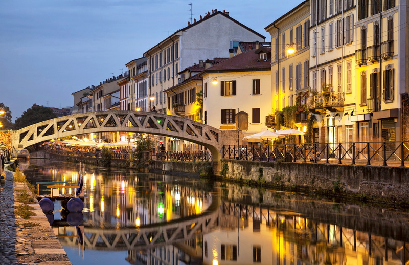 home, 4K, water, Italy, Milan, concrete, reflection, gray, lights, the evening, channel, bridge