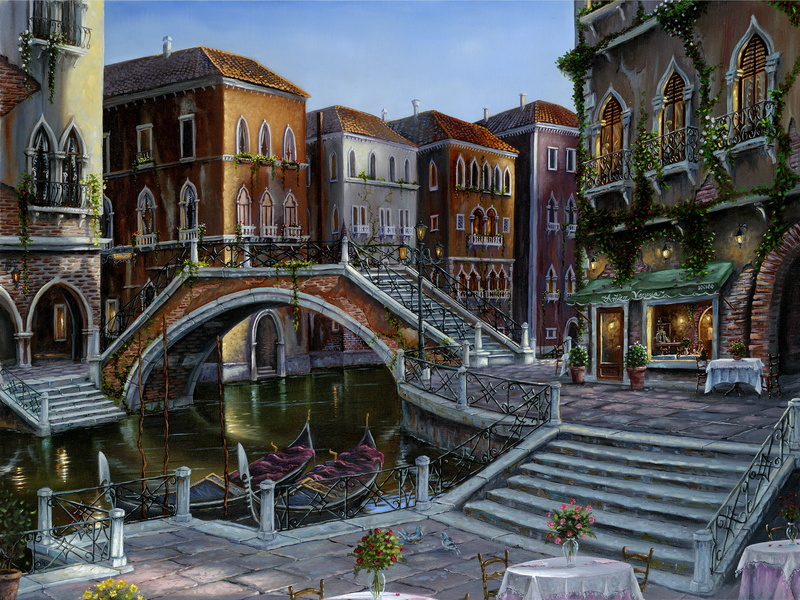 ladder, river, connection, architecture, no people, Venice, gondola, arch, famous Place, painting, residential district, Robert Finale, cityscape, flowers