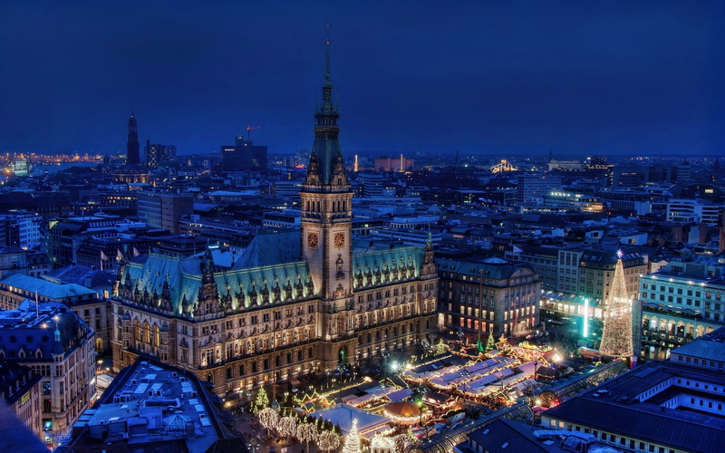 city, hamburg, night, 2K, view