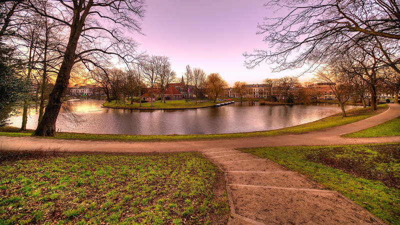 town, 1080P, nature, netherlands, tree, canal, haarlem, park