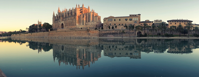 symmetry, building exterior, built structure, tourism, balearic islands, church, spain, architecture, clear sky, lake, reflection, 5K, no people, holiday