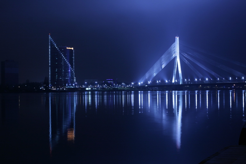 Daugava, Riga, 4K, staro Riga, water, city, bridge, Night, lights