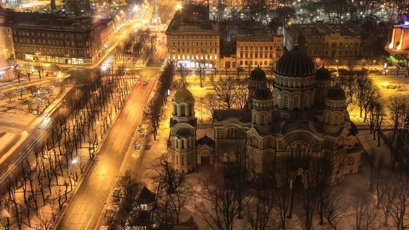 cathedral, Night, Lights, Riga, black, Road, City, Buildings, 1080P, white, concrete, Latvia