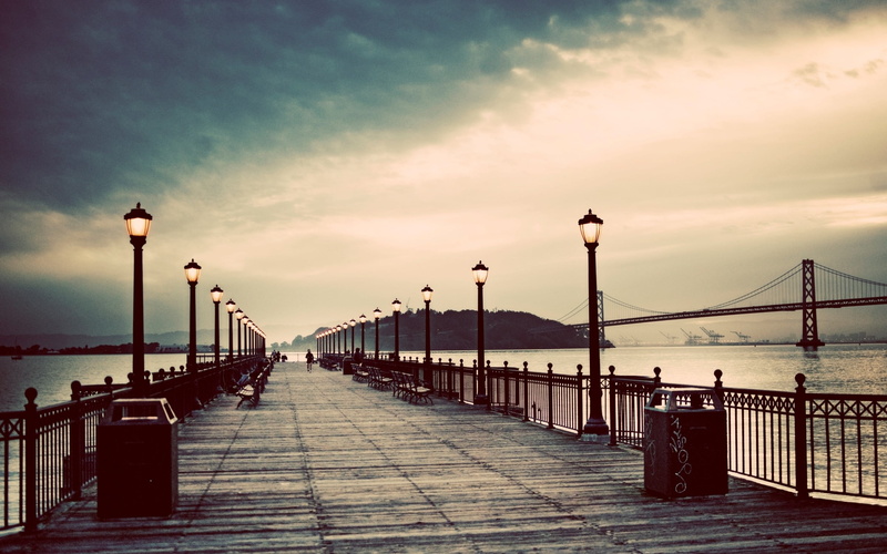 sunset, concrete, 2K, beauty in nature, pier, street light, black, bridge - man made structure, nature, diminishing perspective, street, outdoors, railing