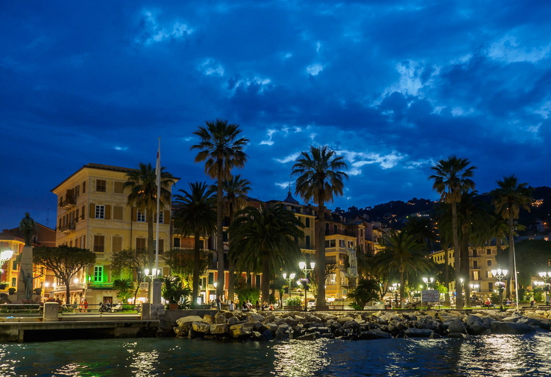 lights, promenade, Santa Margherita Ligure, palm trees, 1080P, Italy, home, night
