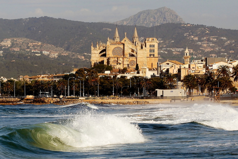 1080P, Balearic Islands, Spain, Cathedral, home, Palma, Palma de Malorca, mountains, sea