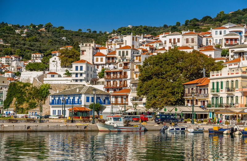 Greece, promenade, pier, 4K, building, harbour, Skopelos