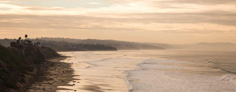 california, sky, surfing, water, shore, sunset, cliffs, travel, united states, beach, fog, surf, landscape, swamis state beach, tranquility, scenics - nature