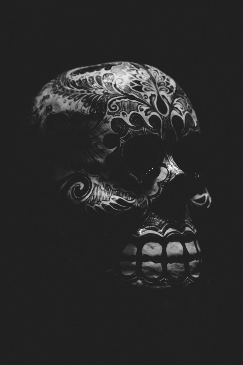 pattern, human skeleton, studio shot, human skull, day of the dead, representation, art and craft, ornate, spooky, dark, mask, disguise, indoors, monochrome