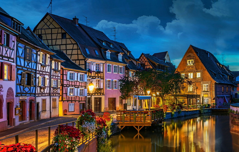 sky, built structure, water, canal, travel destinations, city, Little Venice, France, architecture, dusk, promenade, building, cloud - sky, Colmar, luxury
