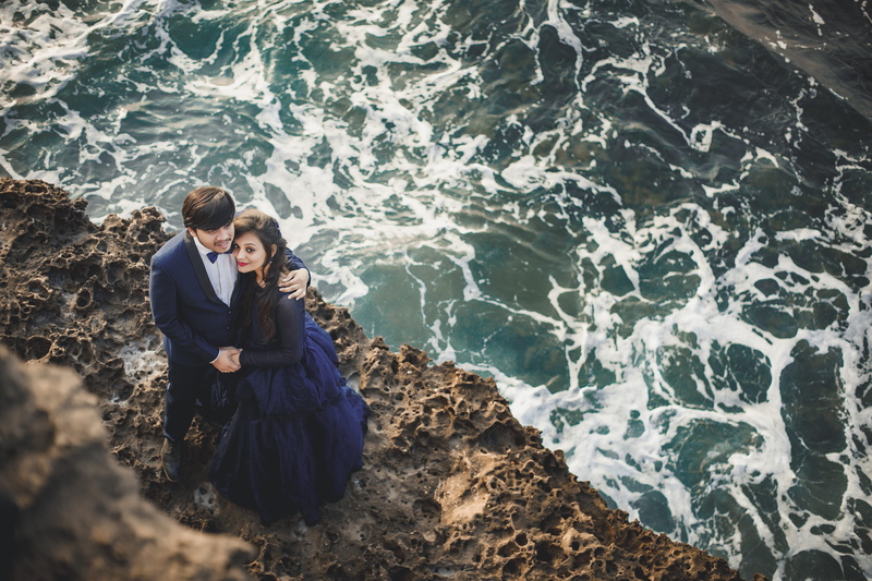 high angle view, together, recreation, pose, ocean, lifestyles, gown, women, outdoors, people, leisure, romantic, positive emotion, couple, portrait, standing