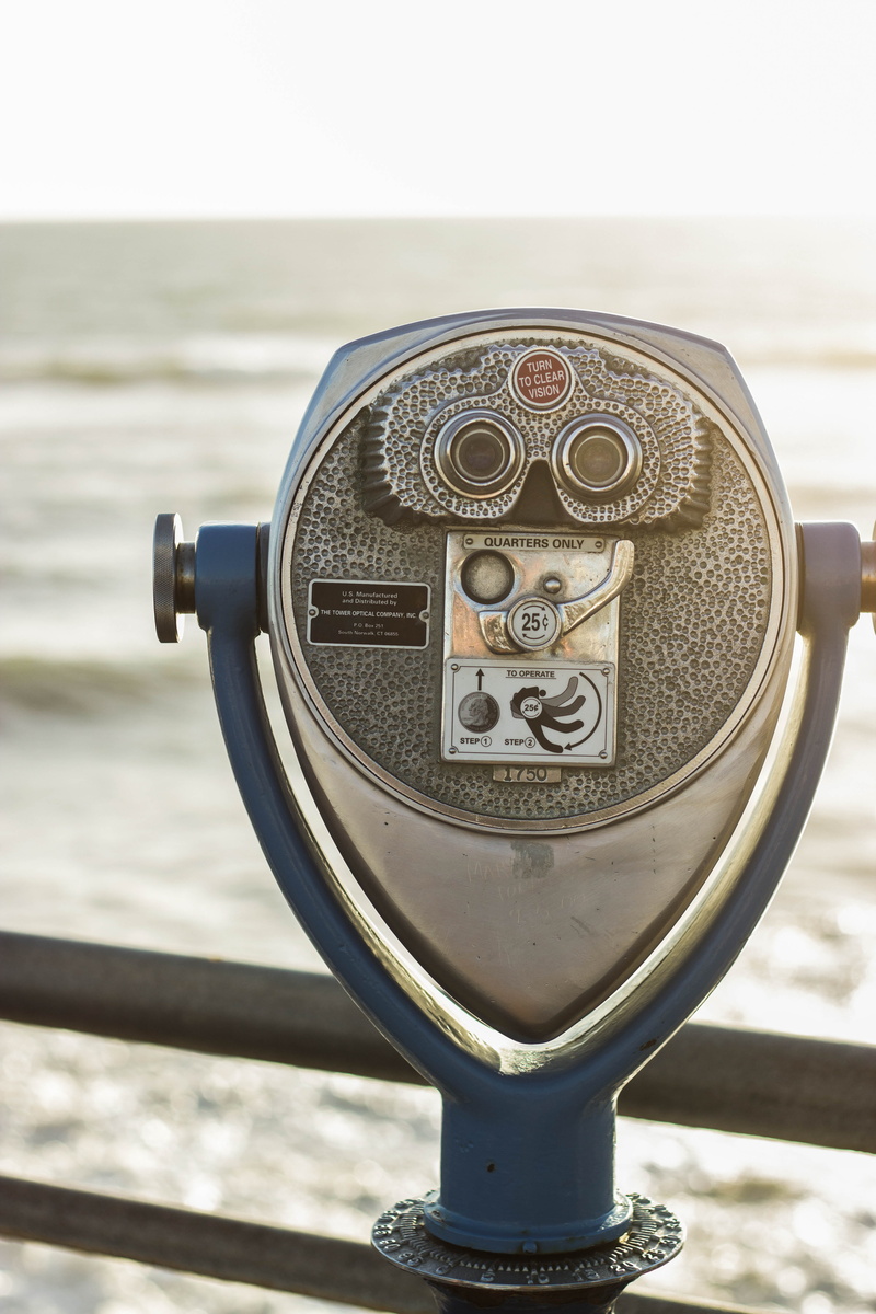 outdoors, sunset, day, coin operated, beach, horizon, binoculars, equipment, view, travel, horizon over water, coast, blue, oceanside pier, united states