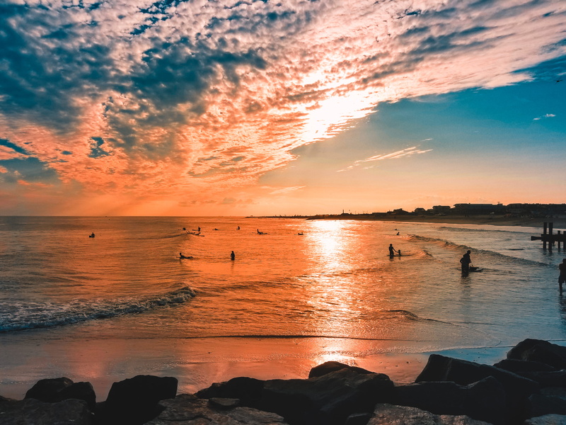 4K, peaceful, shore, summer, water, oceanside, oceanshore, tranquil, sunrise, environment, clouds, coast, seaside, rock, surf, horizon, sand, reflection
