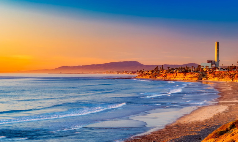 vacation, clouds, beautiful, california, evening, ocean, sky, land, nature, seaside, sunset, blue, orange color, palms, sea, built structure, aquatic sport