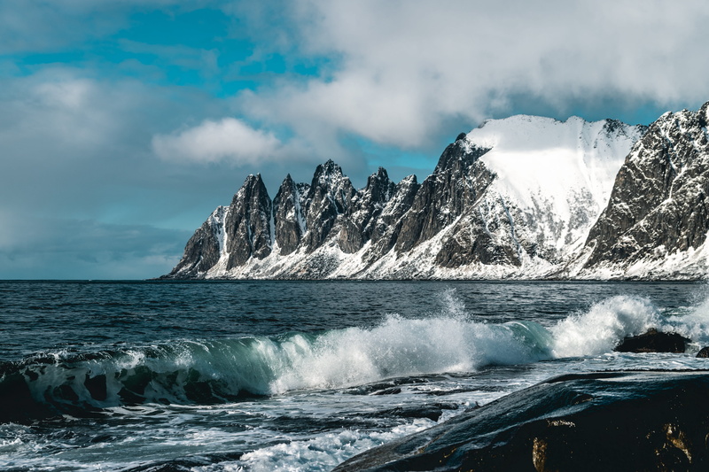 seashore, beauty in nature, cloud - sky, seascape, season, scenics - nature, oceanshore, seaside, snow capped mountain, oceanside, aquatic sport, wave