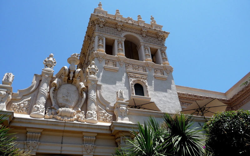 tree, balboa park, built Structure, no people, clear sky, building Exterior, day, usa, religion, place of worship, low angle view, belief, blue, san diego