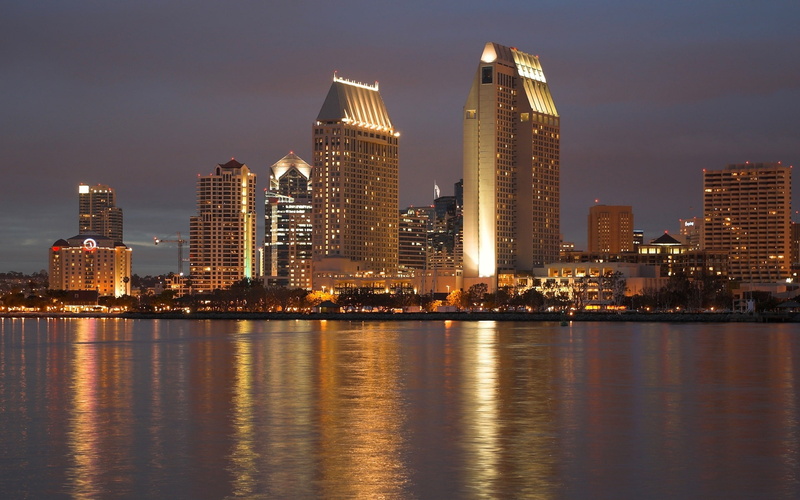 USA, Diego, Night, Skyscrapers, Lights, San, River, California, City, 1080P
