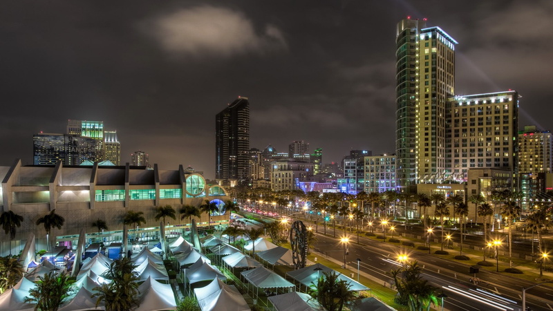 USA, lights, sculpture, skyscraper, building, San Diego, 1080P, city, light trails, landscape, palm trees, California, street, clouds, cityscape, tent
