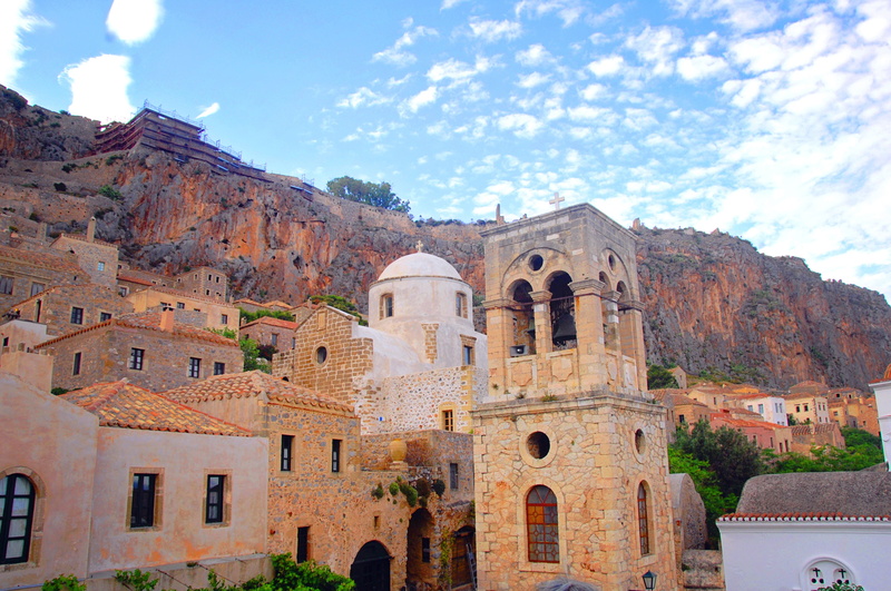 religion, rooftops, no people, built structure, near, peloponnese, concrete, spirituality, mountain, architecture, monemvasia, tourism, day, old, 4K, sky