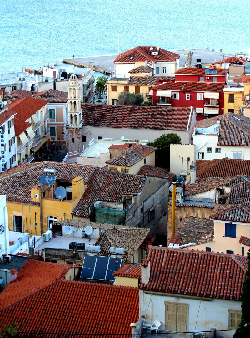 built structure, greek port city of, settlement, cityscape, building exterior, crowded, nafplio, roof tile, residential district, nature, outdoors, high angle view