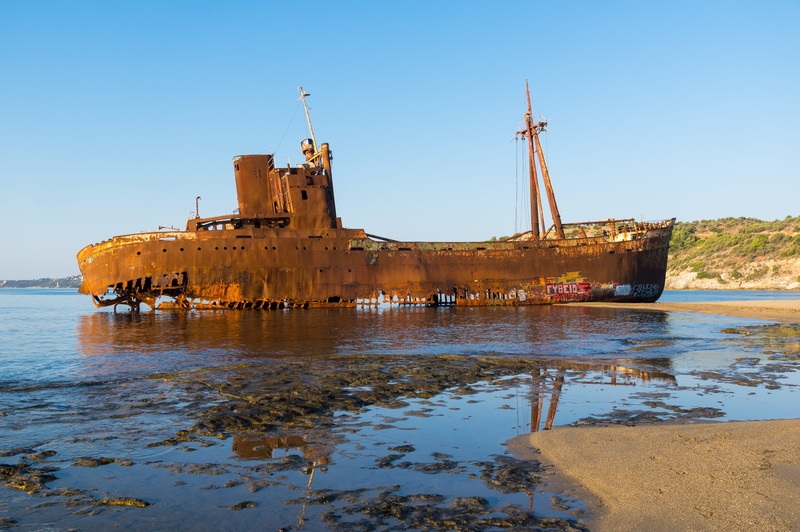 built structure, greece, outdoors, decline, old, clear sky, 5K, ship, sea, wreck, beach, boat, nature, rust, deterioration, peloponnese, no people, nautical vessel