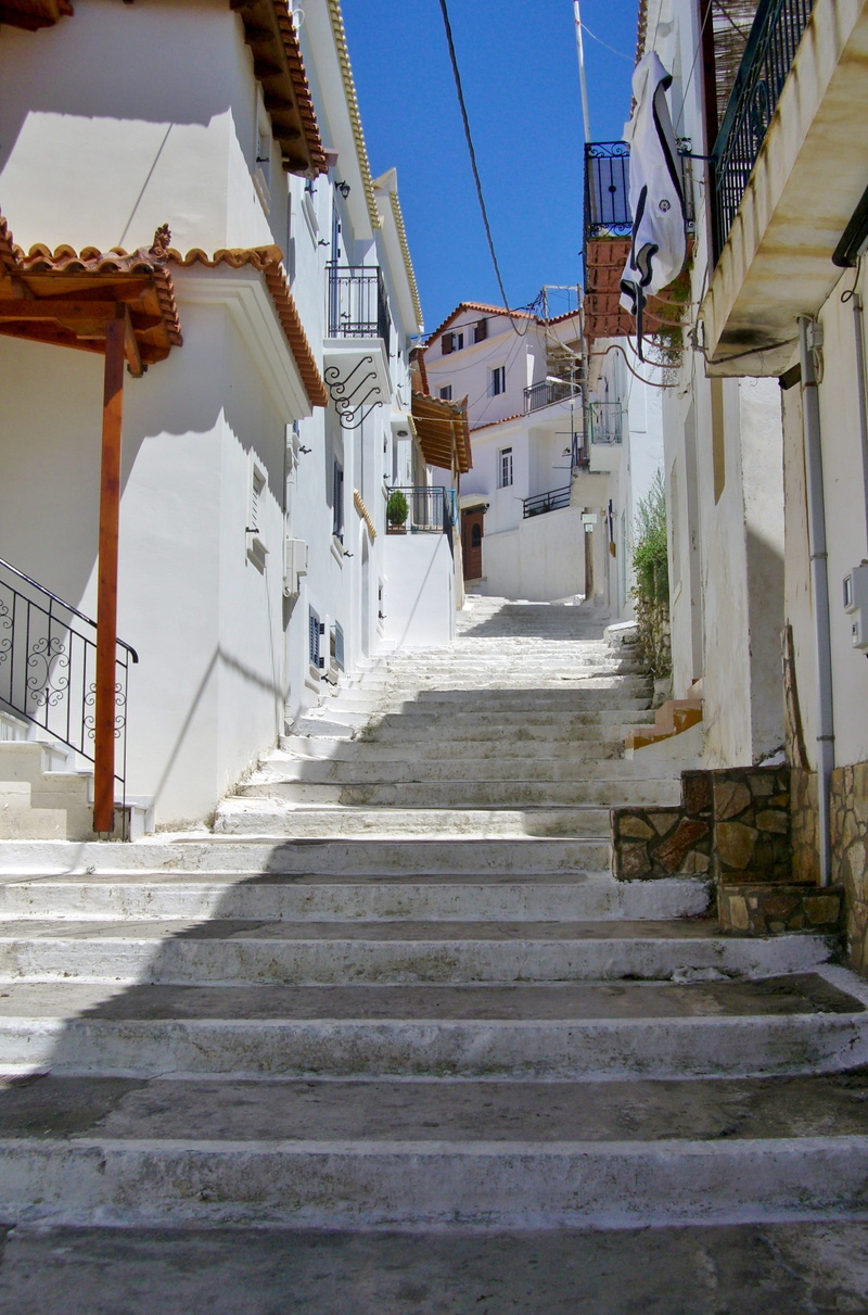 street, low angle view, day, town, steps and staircases, Alley, building, Peloponnese, sky, Pilos, house, cultures, travel, staircase, greece, direction