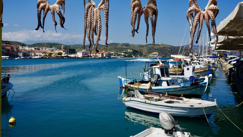 no people, sea, outdoors, sky, waterfront, marina, fishing boat, sunlight, octopus, squid, greece, blue sky, peloponnese, fishing industry, harbor, built structure