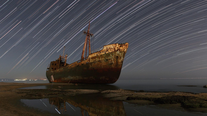 1080P, star - space, nautical vessel, water, abandoned, star, astronomy, starlight, ruined, starry sky, shipwreck, valtaki beach, reflection, no people