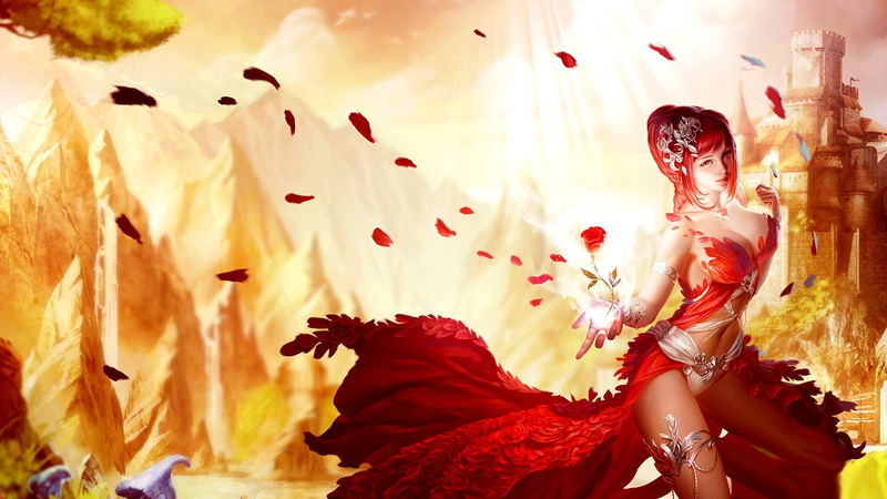 castle, romantic, hair, girl, amora, league, angels, red, dress, hd, 2K