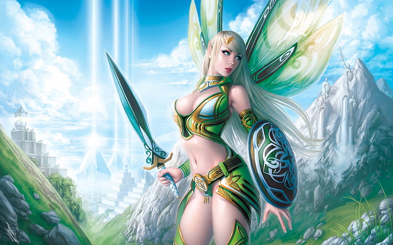 2K, shield, mobile, girl, blond, tablet, wings, sword, hand, hd, warrior, desktop, pc, hair
