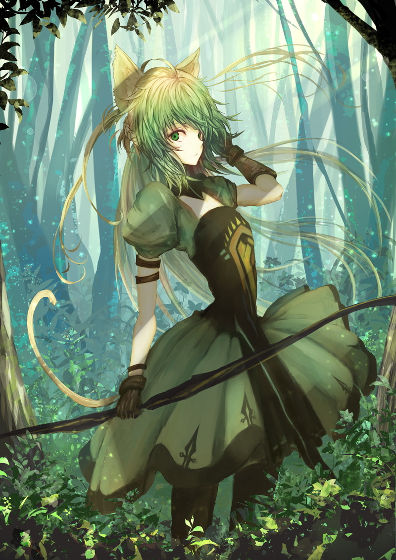 archer, Atalanta (FateGrand Order), anime girls, 1080P, forest, short hair, FateGrand Order, anime, FateApocrypha, green eyes, green hair, animal ears