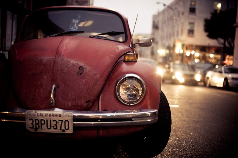 motor vehicle, architecture, Volkswagen Beetle, road, focus on foreground, close-up, mode of transportation, vintage car, retro styled, 5K, street, land vehicle