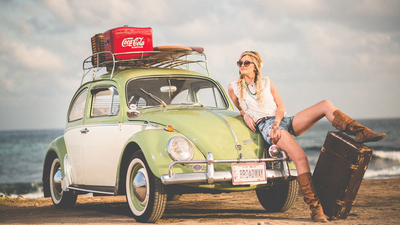 Braid, Girls and Cars, Model, Blonde, Coca Cola, 4K, Women, Beach, Volkswagen Beetle