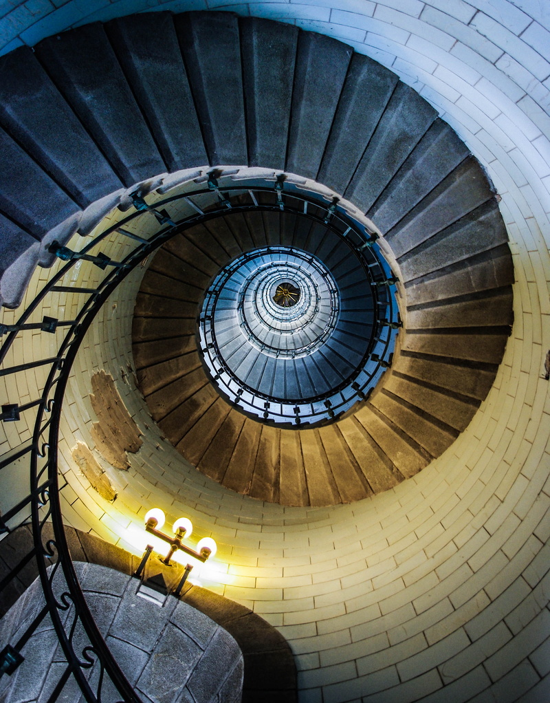 shape, directly below, travel, spiral staircase, bretagne, colors, design, steps and staircases, directly above, spiral, phare deckmühl, pattern, no people