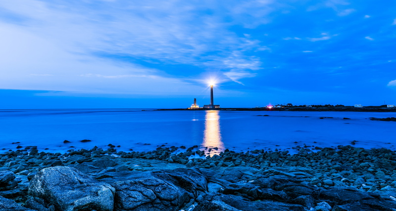 beach, solid, non-urban scene, gatteville lighthouse, no people, sky, scenics - nature, evening, rock - object, water, rock, cloud - sky, blue, reflection