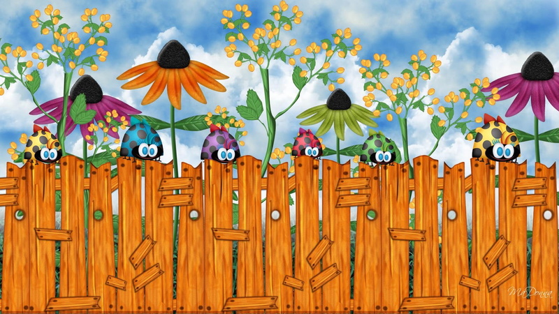flowers, 1080P, 3d and abstract, fence, color, bug, cute, fantasy, trees, dance, firefox persona, lady, whimsical, ladybugs