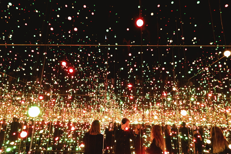 souls of millions of light years away, infinity mirrored room, neon, real people, dark, event, lighting equipment, kusama installation, firework display