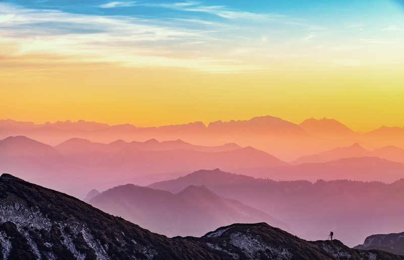 tranquil scene, hiking, sky, scenics - nature, 4K, alpine, sunlight, tranquility, colorful, color palette, no people, human, idyllic, outdoors, mountains