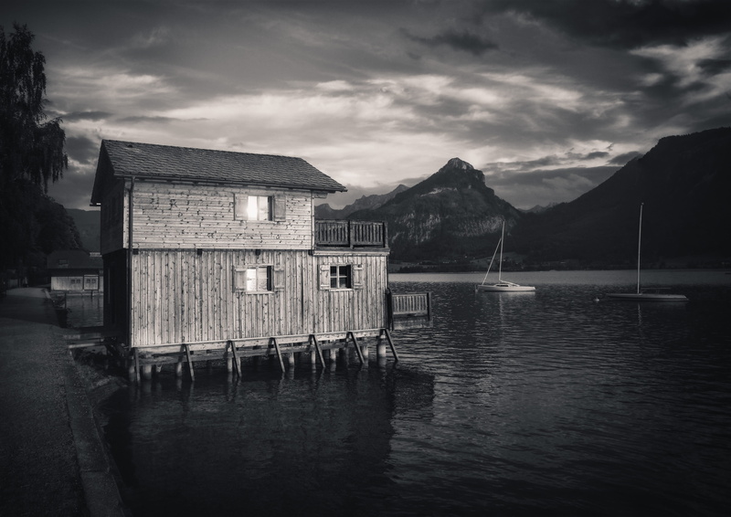 tranquility, mountain, cloud - sky, beauty in nature, austria, sky, 4K, water, lake wolfgang, nautical vessel, house, building, lake, mood, scenics - nature