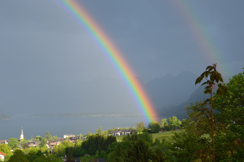 outdoors, salzburg, multi colored, no people, double rainbow, nature, natural phenomenon, st, tranquil scene, mountain, day, idyllic, architecture, salzkammergut