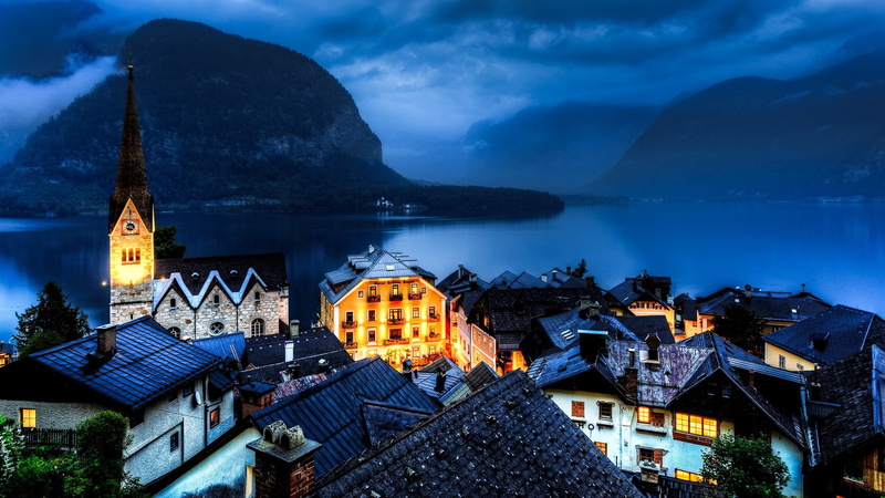 europe, night, evening, 1080P, mountain, hallstatt, austria, alps, salzkammergut, town, dusk