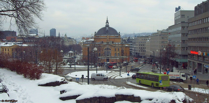 car, transportation, national theatre, cold temperature, street, oslo, motor vehicle, dome, plant, snow, winter, norway, sky, building exterior, built structure