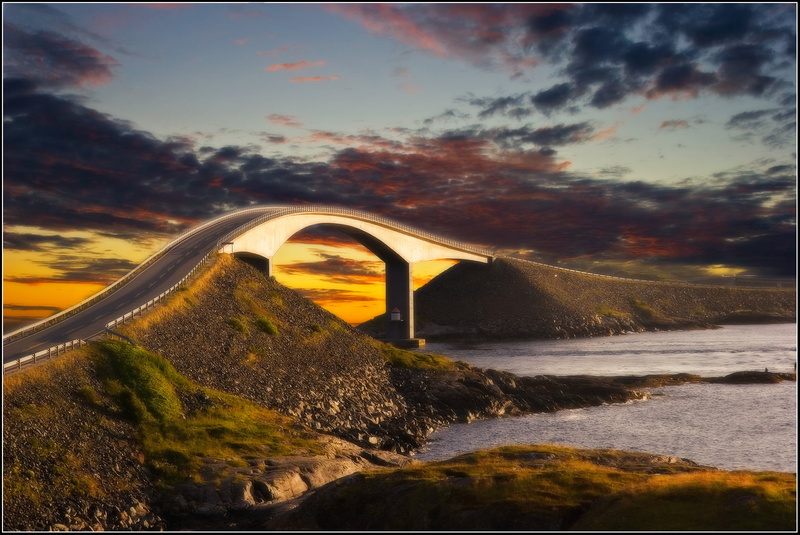 Atlantic Road, 720P, atlantic, bridge, atlanterhavsveien, nature, landscape, sunset, Norway, brown, Norge, road