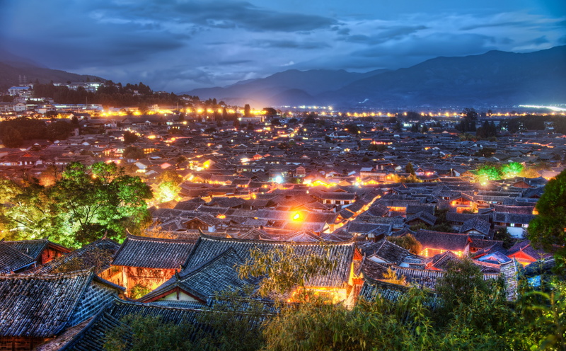 nature, house, black, no people, mountain, roofs, illuminated, architecture, Night, Village, Lights, environment, China, cloud - sky, lijiang, high angle view