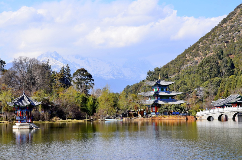 tourism, no people, plant, cloud - sky, tours, nature, lijiang, temple, tree, mountains, china, day, reflection, yunan, person, travel, 4K, built structure