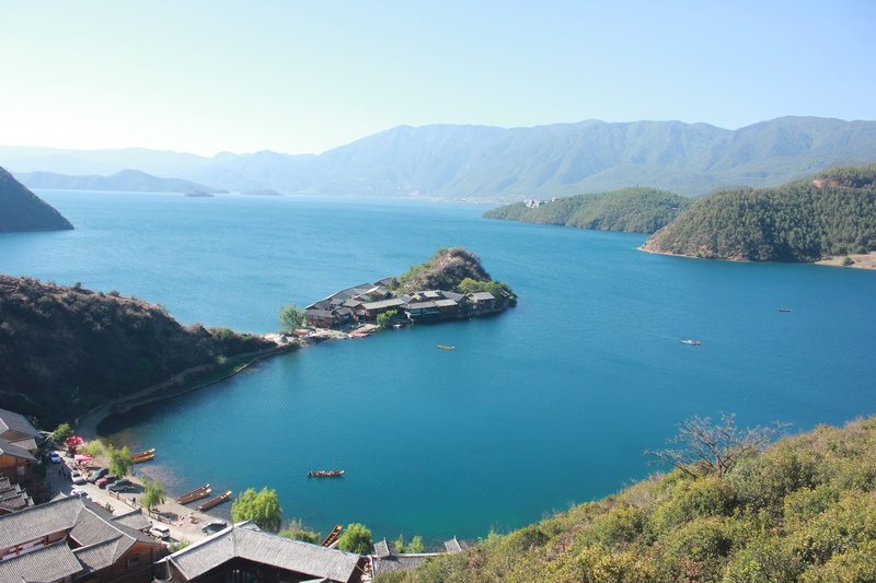 beauty in nature, day, sky, landscape, nature, lake, the scenery, no people, tree, island, land, lijiang, lugu lake, scenics - nature, sea, travel, coastline