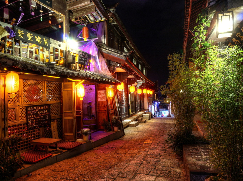 footpath, plants, night, lighting equipment, street light, lijiang, bar - drink establishment, outdoors, nature, no people, illuminated, nightlife, building exterior