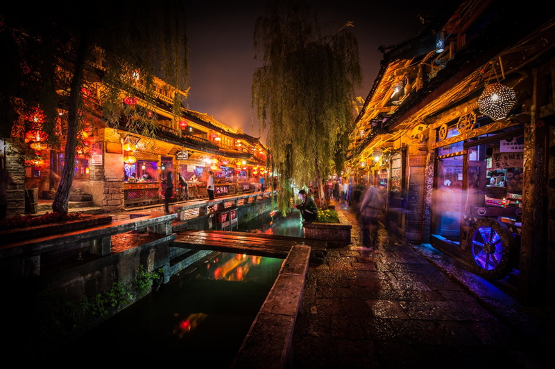 Shop, body, Yunnan, Lijiang, Night, China, trees, green, building, Cities, 1080P, water