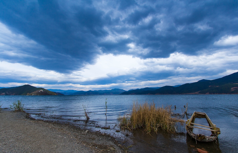 mountain range, sky, transportation, land, water, beach, scenics - nature, cloud - sky, 4K, lake, lijiang, tranquility, the waters edge, beauty in nature
