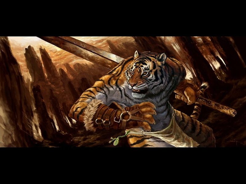 representation, no People, Fantasy Animals, 480P, large, cat, animal, aggression, sword, Tiger, digital, indoors, holding, transfer print, animal themes